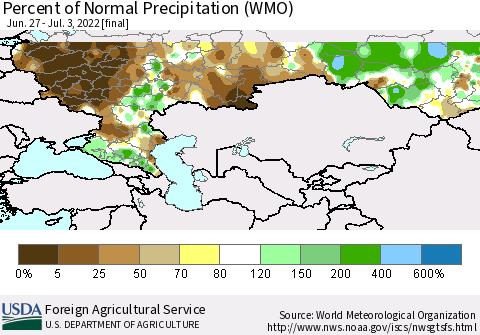 Russian Federation Percent of Normal Precipitation (WMO) Thematic Map For 6/27/2022 - 7/3/2022