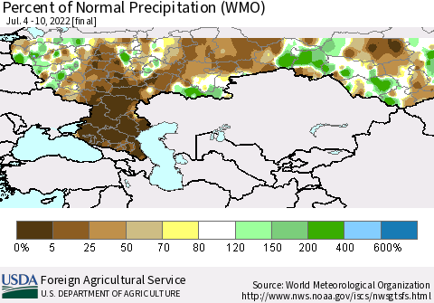 Russian Federation Percent of Normal Precipitation (WMO) Thematic Map For 7/4/2022 - 7/10/2022