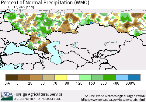 Russian Federation Percent of Normal Precipitation (WMO) Thematic Map For 7/11/2022 - 7/17/2022