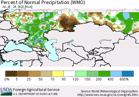 Russian Federation Percent of Normal Precipitation (WMO) Thematic Map For 7/18/2022 - 7/24/2022