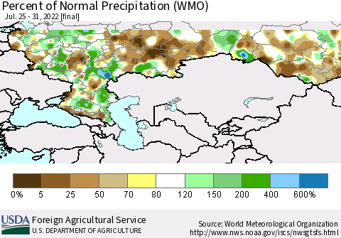 Russian Federation Percent of Normal Precipitation (WMO) Thematic Map For 7/25/2022 - 7/31/2022