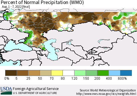 Russian Federation Percent of Normal Precipitation (WMO) Thematic Map For 8/1/2022 - 8/7/2022
