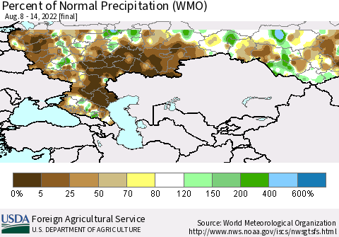 Russian Federation Percent of Normal Precipitation (WMO) Thematic Map For 8/8/2022 - 8/14/2022
