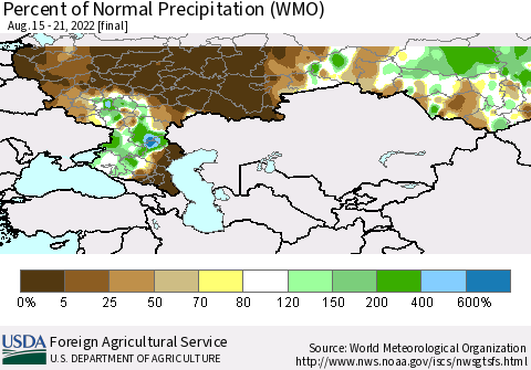 Russian Federation Percent of Normal Precipitation (WMO) Thematic Map For 8/15/2022 - 8/21/2022