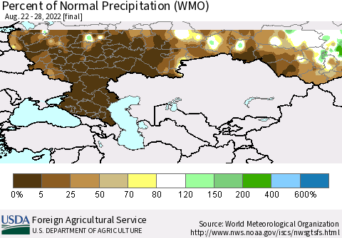 Russian Federation Percent of Normal Precipitation (WMO) Thematic Map For 8/22/2022 - 8/28/2022