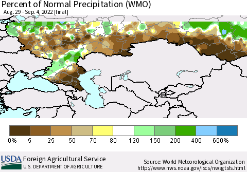 Russian Federation Percent of Normal Precipitation (WMO) Thematic Map For 8/29/2022 - 9/4/2022