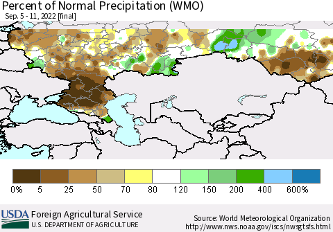 Russian Federation Percent of Normal Precipitation (WMO) Thematic Map For 9/5/2022 - 9/11/2022