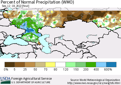 Russian Federation Percent of Normal Precipitation (WMO) Thematic Map For 9/12/2022 - 9/18/2022