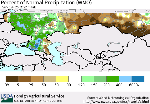 Russian Federation Percent of Normal Precipitation (WMO) Thematic Map For 9/19/2022 - 9/25/2022