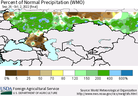 Russian Federation Percent of Normal Precipitation (WMO) Thematic Map For 9/26/2022 - 10/2/2022