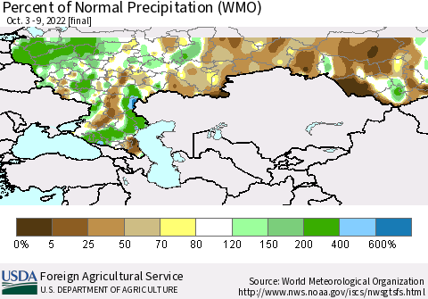Russian Federation Percent of Normal Precipitation (WMO) Thematic Map For 10/3/2022 - 10/9/2022