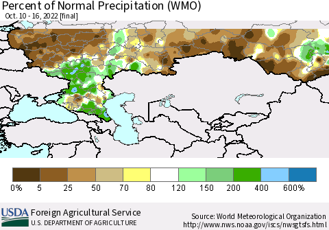 Russian Federation Percent of Normal Precipitation (WMO) Thematic Map For 10/10/2022 - 10/16/2022