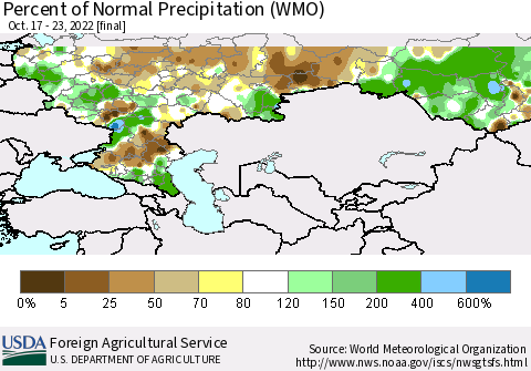 Russian Federation Percent of Normal Precipitation (WMO) Thematic Map For 10/17/2022 - 10/23/2022