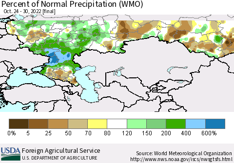 Russian Federation Percent of Normal Precipitation (WMO) Thematic Map For 10/24/2022 - 10/30/2022