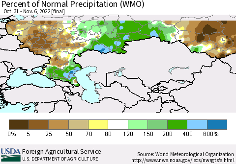 Russian Federation Percent of Normal Precipitation (WMO) Thematic Map For 10/31/2022 - 11/6/2022