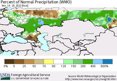 Russian Federation Percent of Normal Precipitation (WMO) Thematic Map For 11/14/2022 - 11/20/2022