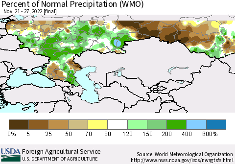 Russian Federation Percent of Normal Precipitation (WMO) Thematic Map For 11/21/2022 - 11/27/2022