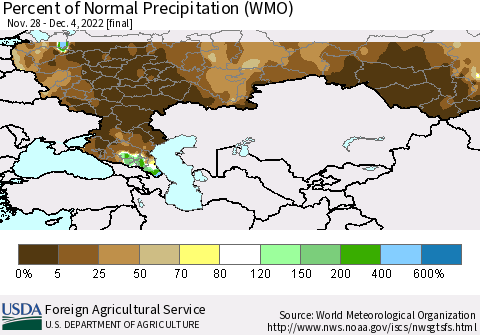 Russian Federation Percent of Normal Precipitation (WMO) Thematic Map For 11/28/2022 - 12/4/2022