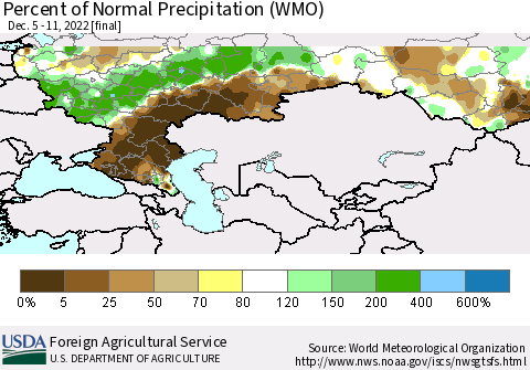 Russian Federation Percent of Normal Precipitation (WMO) Thematic Map For 12/5/2022 - 12/11/2022
