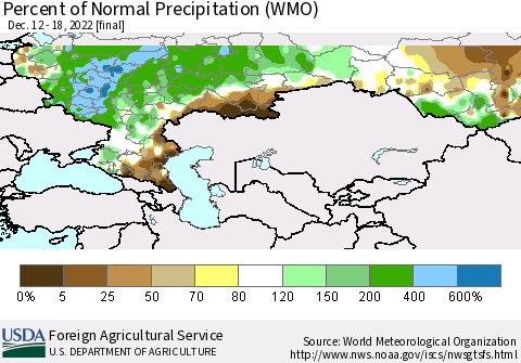 Russian Federation Percent of Normal Precipitation (WMO) Thematic Map For 12/12/2022 - 12/18/2022