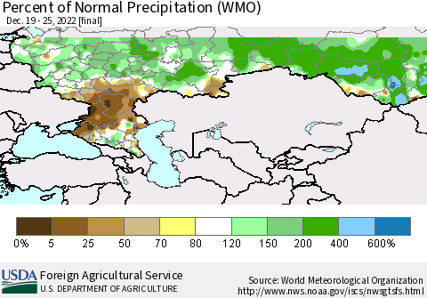 Russian Federation Percent of Normal Precipitation (WMO) Thematic Map For 12/19/2022 - 12/25/2022