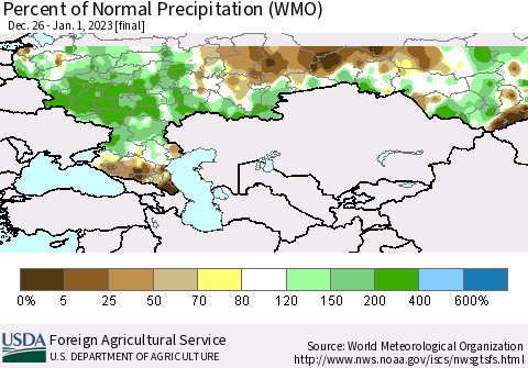 Russian Federation Percent of Normal Precipitation (WMO) Thematic Map For 12/26/2022 - 1/1/2023