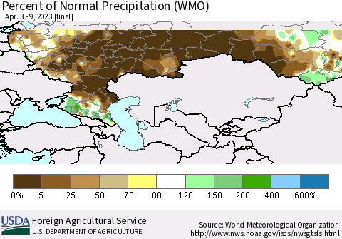 Russian Federation Percent of Normal Precipitation (WMO) Thematic Map For 4/3/2023 - 4/9/2023