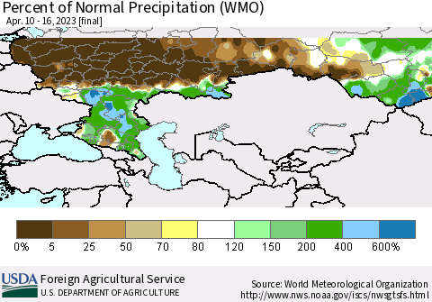 Russian Federation Percent of Normal Precipitation (WMO) Thematic Map For 4/10/2023 - 4/16/2023