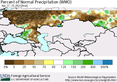 Russian Federation Percent of Normal Precipitation (WMO) Thematic Map For 4/17/2023 - 4/23/2023