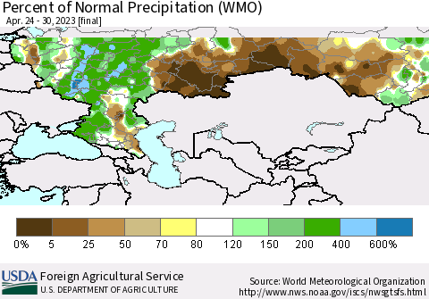 Russian Federation Percent of Normal Precipitation (WMO) Thematic Map For 4/24/2023 - 4/30/2023