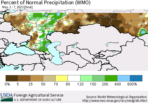 Russian Federation Percent of Normal Precipitation (WMO) Thematic Map For 5/1/2023 - 5/7/2023