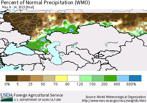 Russian Federation Percent of Normal Precipitation (WMO) Thematic Map For 5/8/2023 - 5/14/2023