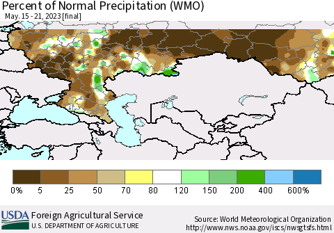 Russian Federation Percent of Normal Precipitation (WMO) Thematic Map For 5/15/2023 - 5/21/2023
