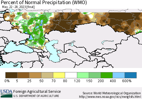 Russian Federation Percent of Normal Precipitation (WMO) Thematic Map For 5/22/2023 - 5/28/2023