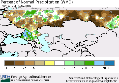 Russian Federation Percent of Normal Precipitation (WMO) Thematic Map For 5/29/2023 - 6/4/2023