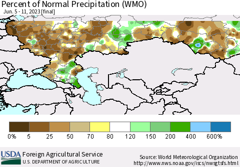 Russian Federation Percent of Normal Precipitation (WMO) Thematic Map For 6/5/2023 - 6/11/2023