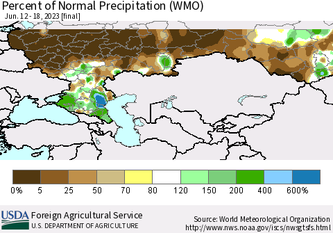 Russian Federation Percent of Normal Precipitation (WMO) Thematic Map For 6/12/2023 - 6/18/2023