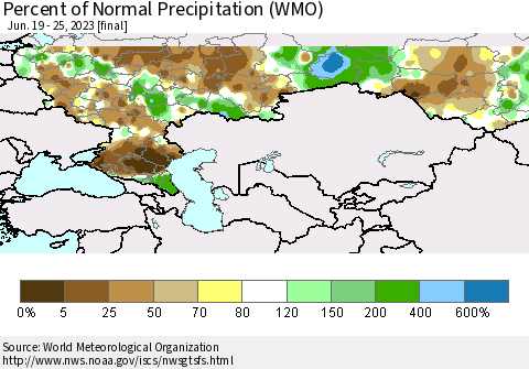 Russian Federation Percent of Normal Precipitation (WMO) Thematic Map For 6/19/2023 - 6/25/2023