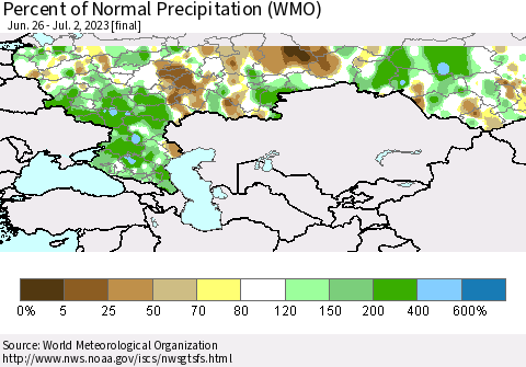 Russian Federation Percent of Normal Precipitation (WMO) Thematic Map For 6/26/2023 - 7/2/2023