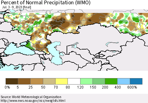 Russian Federation Percent of Normal Precipitation (WMO) Thematic Map For 7/3/2023 - 7/9/2023