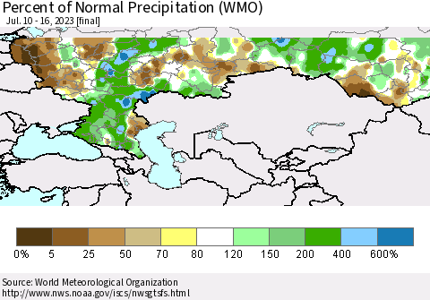 Russian Federation Percent of Normal Precipitation (WMO) Thematic Map For 7/10/2023 - 7/16/2023