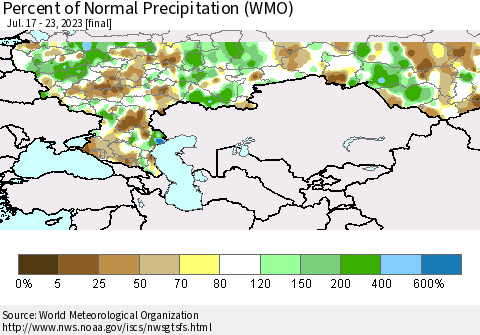 Russian Federation Percent of Normal Precipitation (WMO) Thematic Map For 7/17/2023 - 7/23/2023