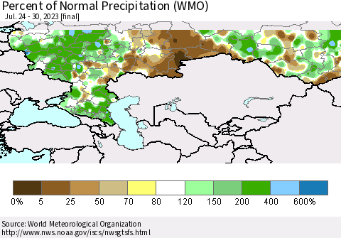 Russian Federation Percent of Normal Precipitation (WMO) Thematic Map For 7/24/2023 - 7/30/2023
