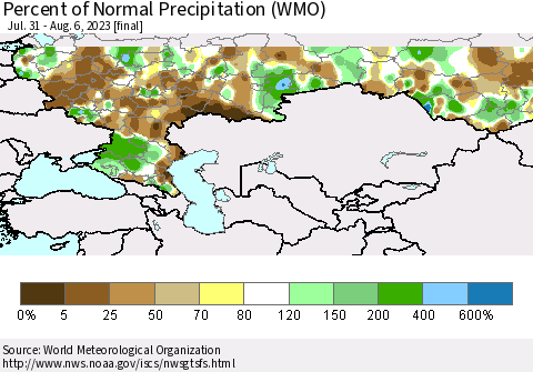 Russian Federation Percent of Normal Precipitation (WMO) Thematic Map For 7/31/2023 - 8/6/2023