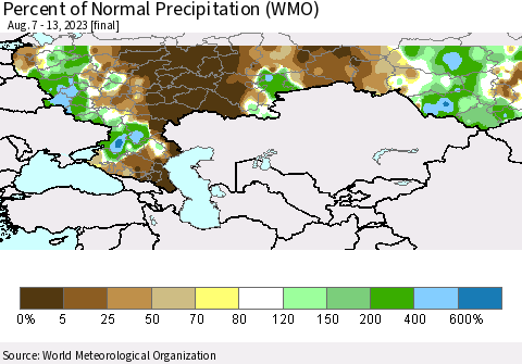 Russian Federation Percent of Normal Precipitation (WMO) Thematic Map For 8/7/2023 - 8/13/2023