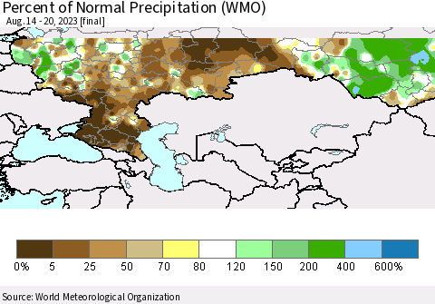Russian Federation Percent of Normal Precipitation (WMO) Thematic Map For 8/14/2023 - 8/20/2023