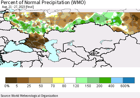 Russian Federation Percent of Normal Precipitation (WMO) Thematic Map For 8/21/2023 - 8/27/2023