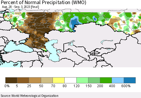 Russian Federation Percent of Normal Precipitation (WMO) Thematic Map For 8/28/2023 - 9/3/2023