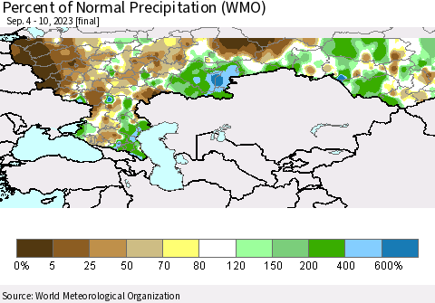 Russian Federation Percent of Normal Precipitation (WMO) Thematic Map For 9/4/2023 - 9/10/2023