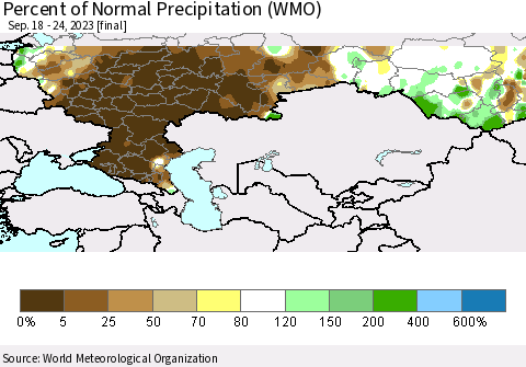 Russian Federation Percent of Normal Precipitation (WMO) Thematic Map For 9/18/2023 - 9/24/2023